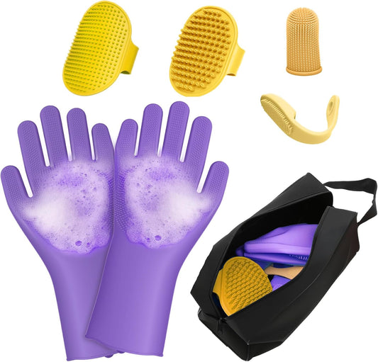 7PCS Pet Grooming Kit for Dogs and Cats | Dog Bath Brush | Washing Gloves | Cleanroom Gloves | Dog Shampoo Brush | Finger Toothbrushes | Storage Bag | All-In-One Pet Care (Purple)