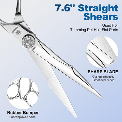 Luxury Dog Grooming Scissors Set - 7" Straight, 6.5" Thinning, 7" Curved Dog Shears for Grooming - 9CR Steel, Professional Grooming Kit for Dogs