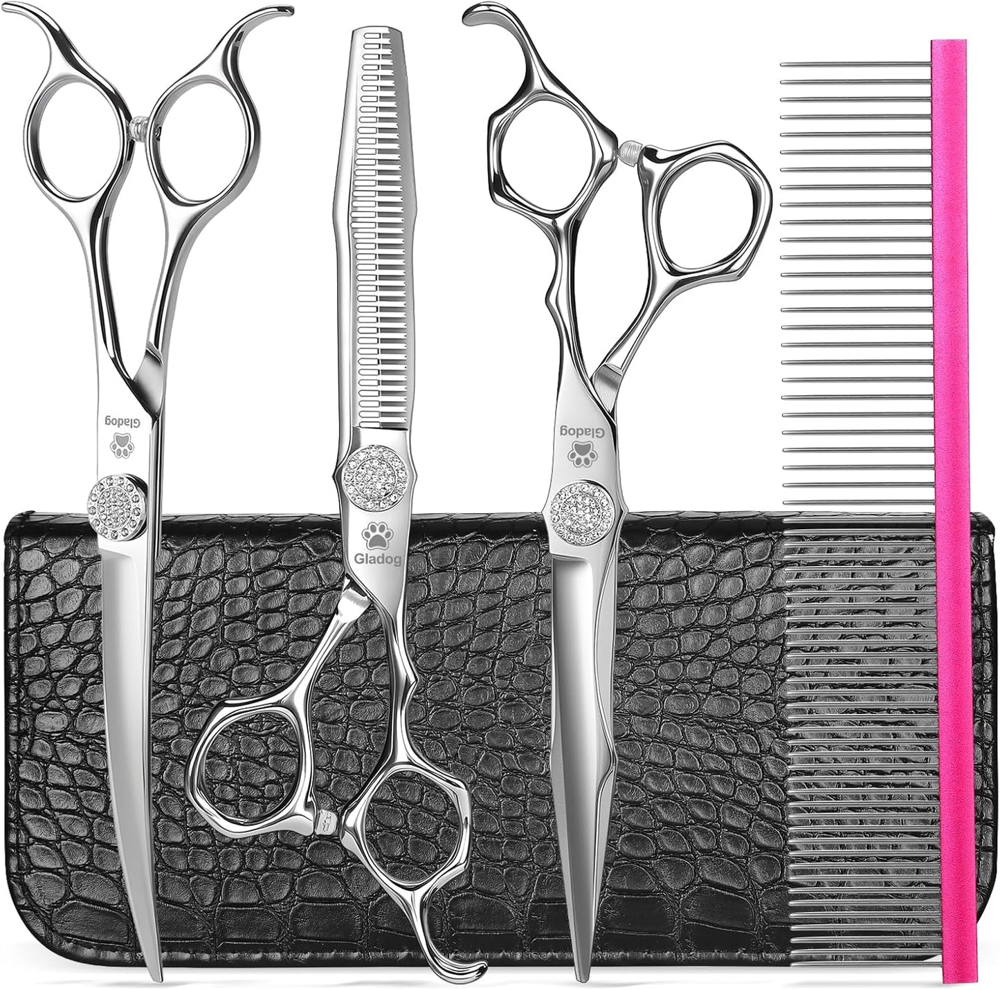 Luxury Dog Grooming Scissors Set - 7" Straight, 6.5" Thinning, 7" Curved Dog Shears for Grooming - 9CR Steel, Professional Grooming Kit for Dogs