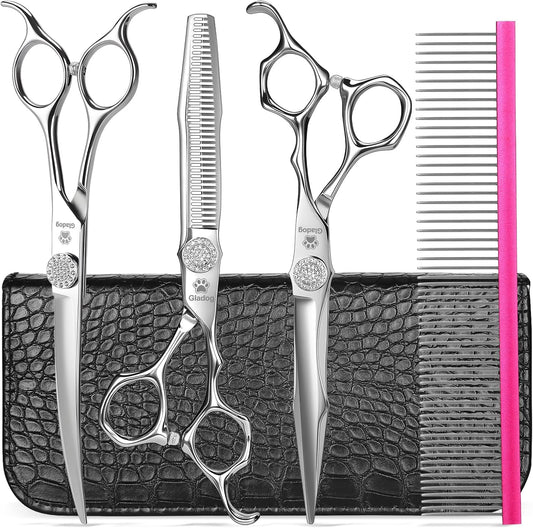 Luxury Dog Grooming Scissors Set - 7" Straight, 6.5" Thinning, 7" Curved Dog Shears for Grooming - 9CR Steel, Professional Grooming Kit for Dogs